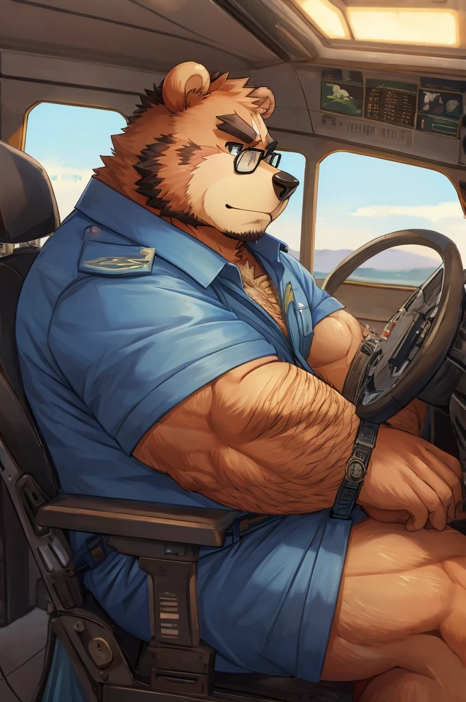 (Being overweight)小型Propeller aircraftを操縦、null、Propeller aircraft、  pilots、sit、 side angle、 pilotsキャップを被る、Bear beastman wearing glasses、flight,  furry art ,  high quality fanart,  hairy character piloting a small propeller plane,Furry Anime, very very beautiful  furry art ,  furry art !!!