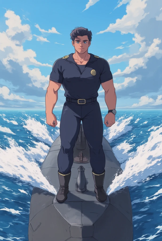 Anime stern GM42 (age 28, navy costume, captain's hat), handsome selfie in millionaire yacht, standing on the prow of a submarine speeding at the surface of ocean, dramatic pose