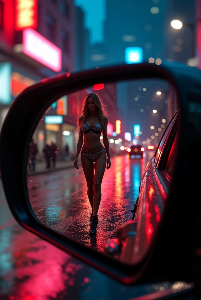 reflection,mirror,shadow,supermodel, lingerie, glowing skin, intricate,photorealistic reflection on car's rear mirror of a stunning goddess walking in a provocative pose on a rain-soaked street, dramatic neon lights casting vibrant highlights on her wet skin and clothes, subtle water droplets on the mirror's surface adding depth