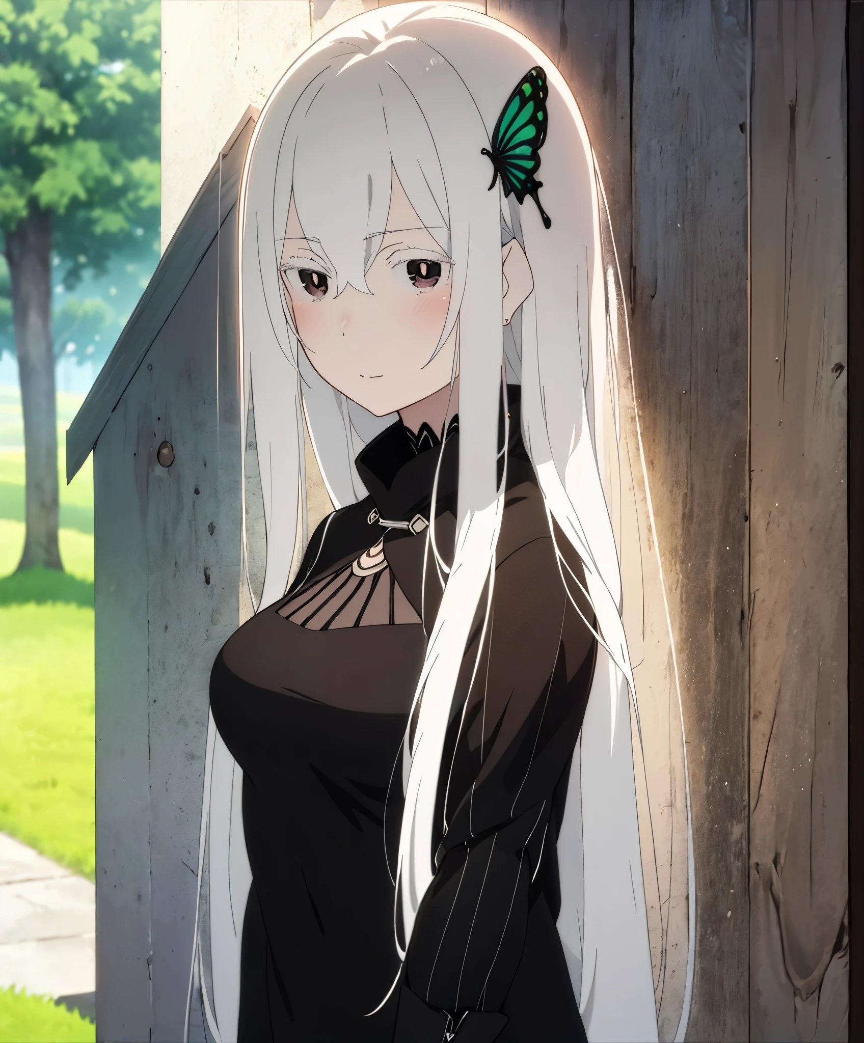  high resolution,Anime girl with long white hair and butterflies in her hair ,  anime drawing inspired by Re Chevalier,  trending on pixiv ,  Self-Destructing Art , Gray-haired deity, Gray-haired***, perfect Gray-haired girl, Gray-haired, from arknights, Gray-haired lady, Anime visual of a cute girl, From Girls Frontline,  anime girl in a black dress 