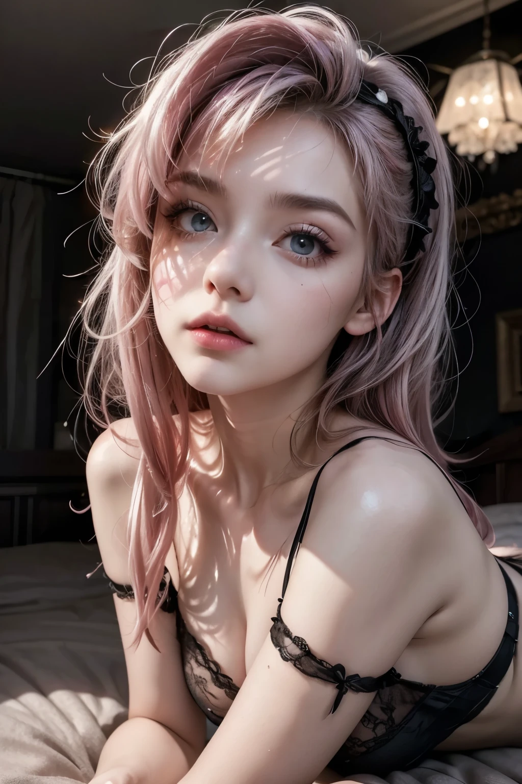 in the night, lying down on the bed, wearing black lingerie, see-through lingerie, gothic ta fashion, shot from bedside, looking up from below, gaze of temptation, blank look, shiny silver and pink hair, pompadour hairstyle, twisted bangs, hair is shaggy and dishevelled, silver eyeblow, slendar figure, undressing, much exposed chest and butt, no-makeup, photorealistic, dramatic, detailed rendering, vibrant colors, best quality, hyperdetailed