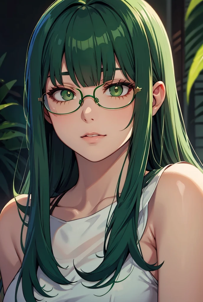 blunt bangs,long hair,dark green hair,green eyes,oval glasses,