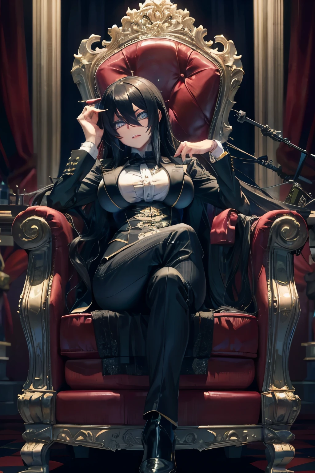 Super detailed,  highest quality,Black Hair,Three white eyes, long hair, blue eyes ,Big Breasts,Formal Suit,Luxurious chair,Jagged teeth, perfect proportions 