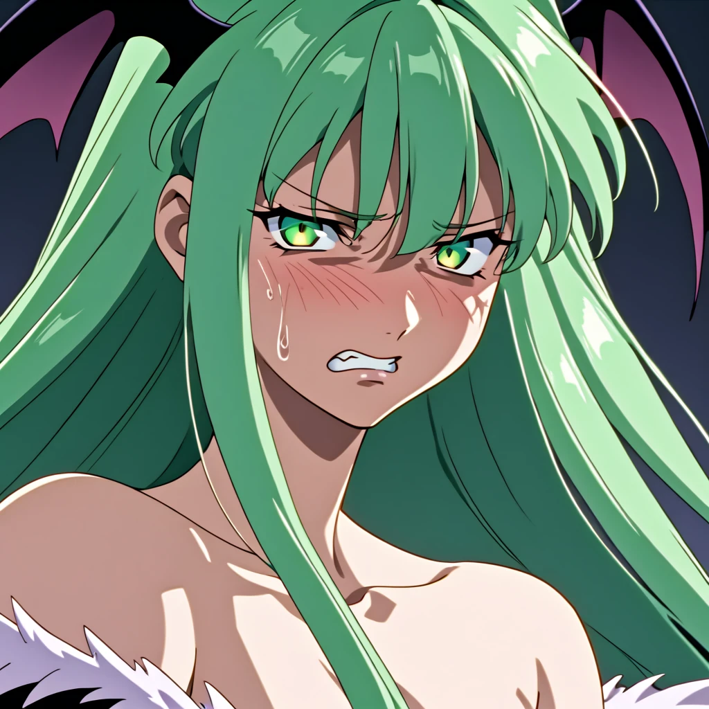 cel anime style. {face close up shot}. front shot. {solo}. A face of slender female "Morrigan Aensland". looking at viewer. Unbearable pain, agony, and suffering. Clenched teeth, teary eyes. {{{{{night}}}}}, {{{{bedroom}}}}. She has straight hime cut long hair, green hair, bangs, green eyes, bat-like wings on the sides of her head, bare shoulders, {{{topless}}}.