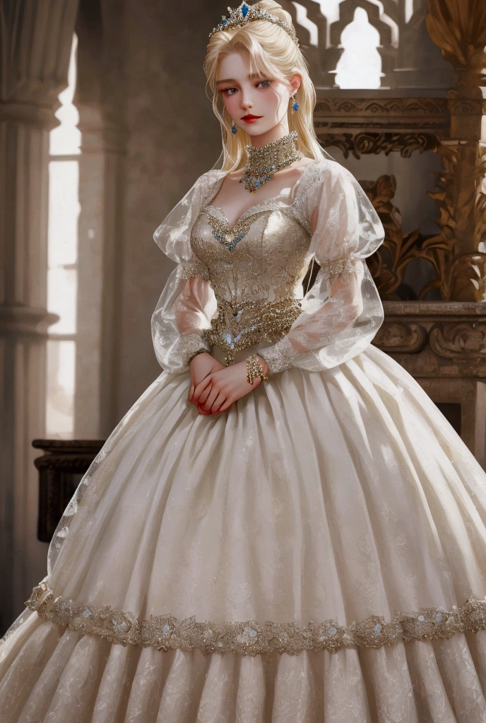 A blond 19 years old princess, she is expensively dressed with accesories, she is wearing a ball gown from the finest of materials with jewelries on it , she is with a  male duke with black hair