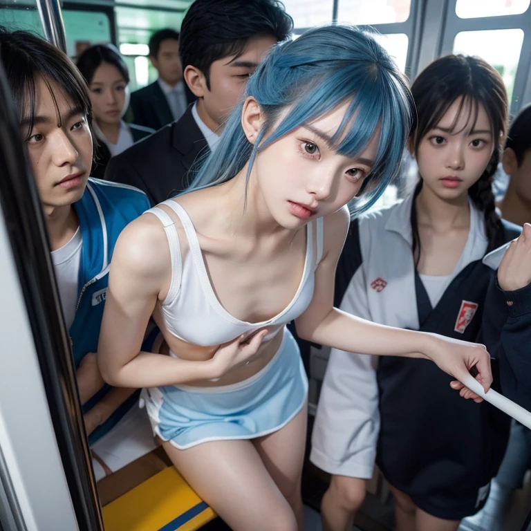 (masterpiece), ( Best Quality ), ( inside a crowded train on the JR Saikyo Line),( unkempt hair),(shape), ( 1 girl),（Multiple molesters), Man and woman who make close contact with the body ,(fashion),  standing , fashionモデル, ( simple background),  beautiful detailed eyes ,  Delicate and Beautiful Face  , Saturation), Focus on face ,  ponytail, Danchare ,Aigeki  ,  light blue hair, bangs,  Headband , Floating Flower, Floating Hair, (The Shining),  OPTIMAL LIGHTING ,  Best Shadow, small breasts, A Cup, girls are young like elementary school students,Breast massage,A man touching her breasts from behind,Japanese Transparent Sailor Suit, female middle school student,A sailor suit torn to the point where the nipples are visible,The nipples are almost visible but not visible., molester who presses against the lower abdomen with a standing back,The girl has her hands in a sailor suit, cleavage, man is trying to remove his front hook bra