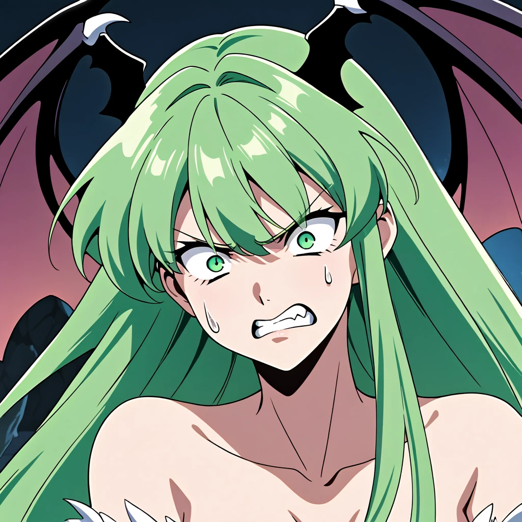 cel anime style. {face close up shot}. front shot. {solo}. A face of slender female "Morrigan Aensland". looking at viewer. Unbearable pain, suffering. clenched teeth, teary eyes. screaming wide open mouth. {{{{{night}}}}}, {{{{bedroom}}}}. She has straight hime cut long hair, green hair, bangs, green eyes, bat-like wings on the sides of her head, bare shoulders, {{{topless}}}.