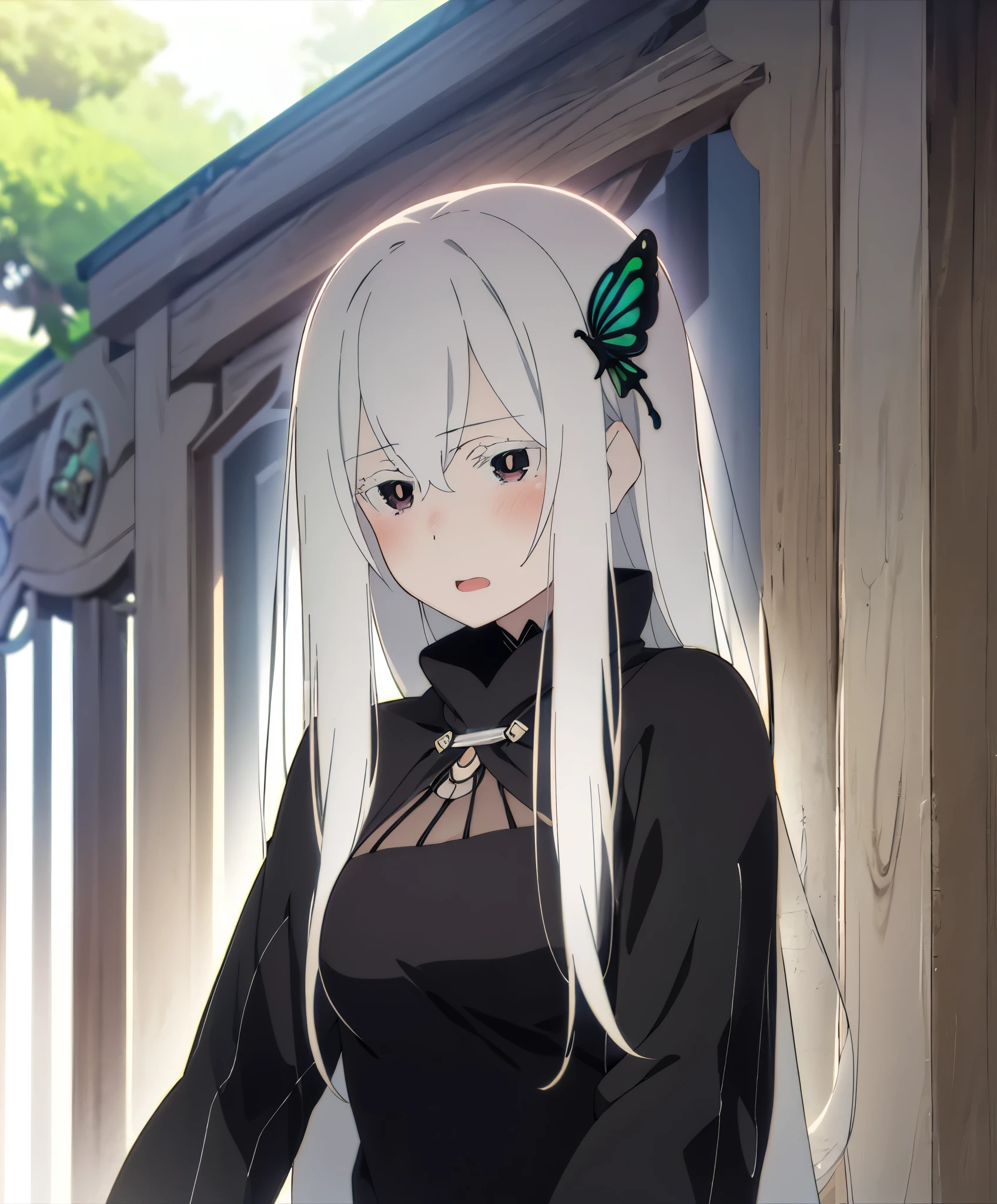  high resolution,Anime girl with long white hair and butterflies in her hair ,  anime drawing inspired by Re Chevalier,  trending on pixiv ,  Self-Destructing Art , Gray-haired deity, Gray-haired女の子, perfect Gray-haired girl, Gray-haired, from arknights, Gray-haired lady, Anime visual of a cute girl, From Girls Frontline,  anime girl in a black dress , due to abdominal pain,  blush,  opens her mouth, 