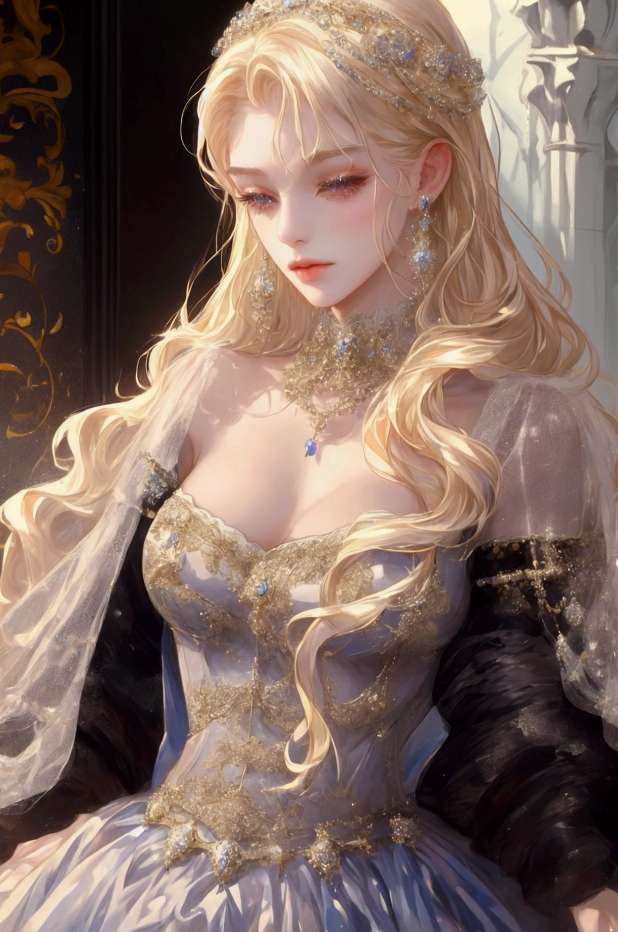 A blond 19 years old princess, she is expensively dressed with accesories, she is wearing a ball gown from the finest of materials with jewelries on it , she is with a  male duke with black hair