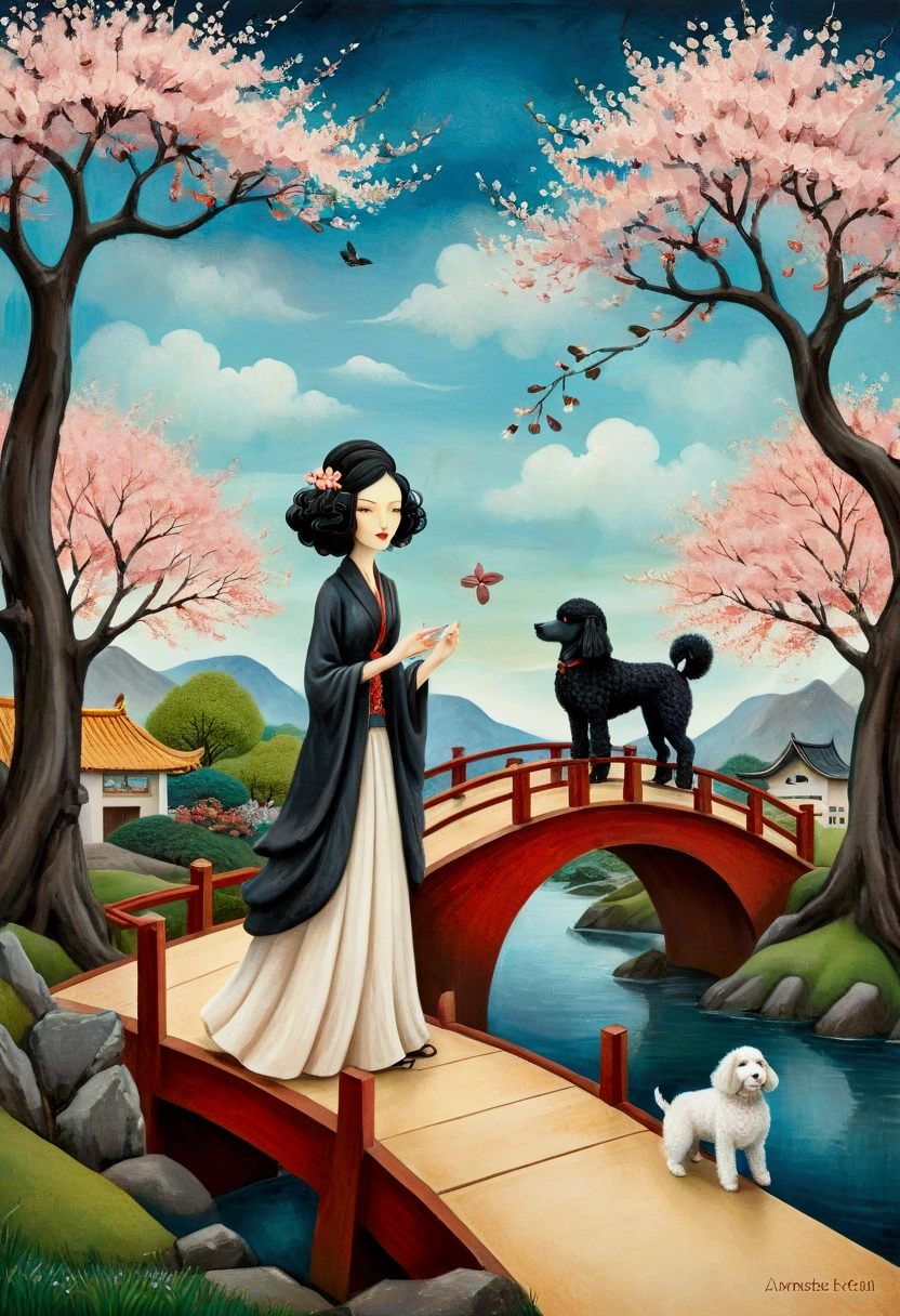 Breathtaking, rough impasto colourful acrylic art in the style of Amanda Clark, Jacek Yerka, Benjamin Lacombe and Amanda Sage. A European woman, dressed in western clothes, is on a small wooden bridge with her black dwarf poodle and watches the petals of the cherry trees falling from the trees. Beautiful background of Japanese zen garden. Cherry blossoms. Petals. Depth, long field
