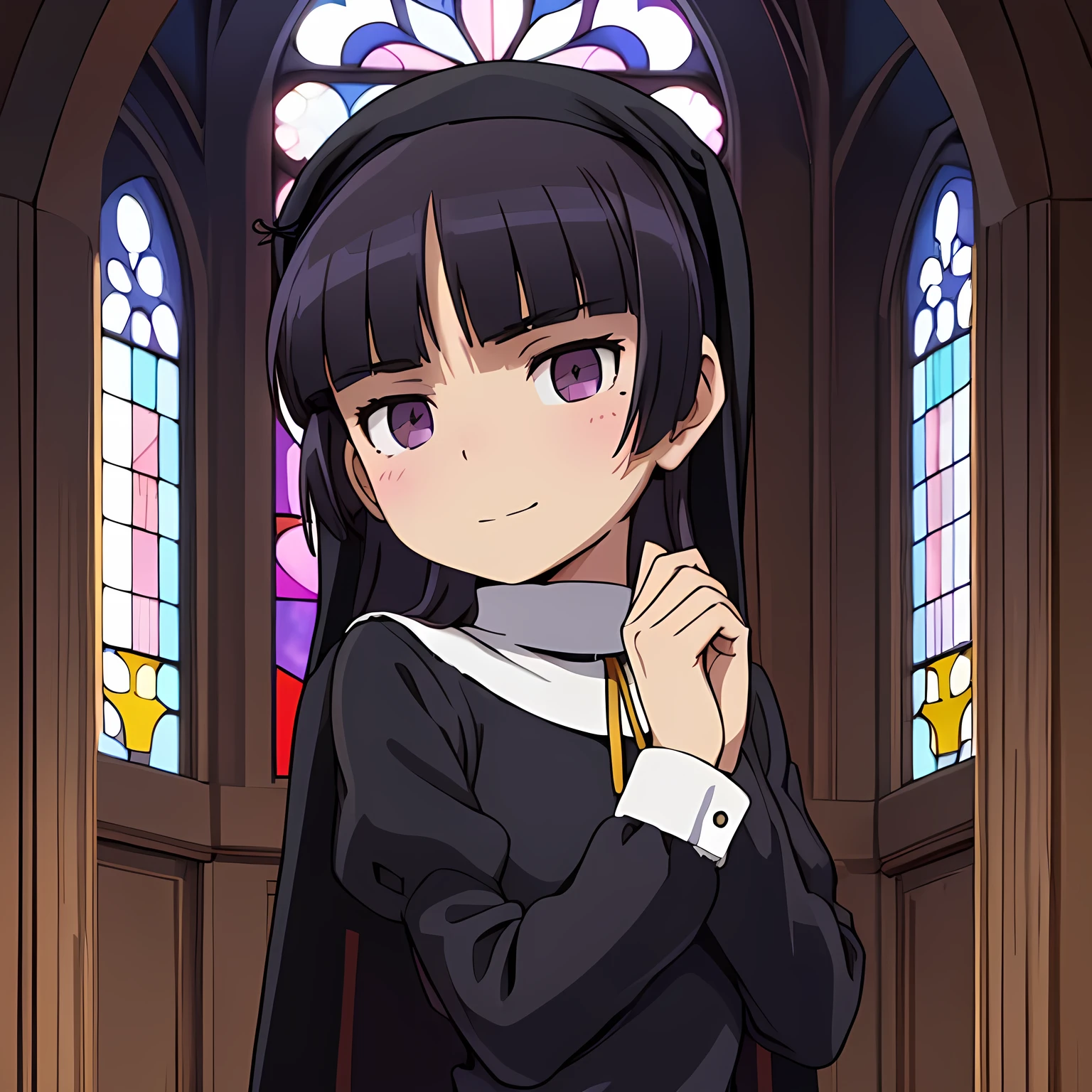 Def versia*, long sleeves, ((nun)), habit, nun, habit, dress, black dress, long dress, catholic , ruri gokou, girl, alone, Long Hair, hime cut, Black Hair, Old Church、 Stained Glass、sacred、grace、A window with light、deep reverent expression 、Quiet Smile、 muted hues