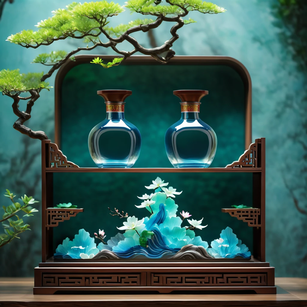 (Masterpiece, High Quality, Best Quality, Official Art, Aesthetic and Aesthetics:1.2),Carving,Product Photography,(Glass Bottle Surrounded by Jade Landscape:1.2),Ceramic Carved Glass Bottle,Transparent Water,Chinese 3D Landscape Painting Background,(Complex Carved Background),Chinese Song Dynasty Landscape Painting,Blue Theme,Surrealist Dream Style,Organic Fluids,Light Tracing,Colorful Flowers,Flower Foreground Occlusion,Natural Light,Jungle,c4d,OC rendering,