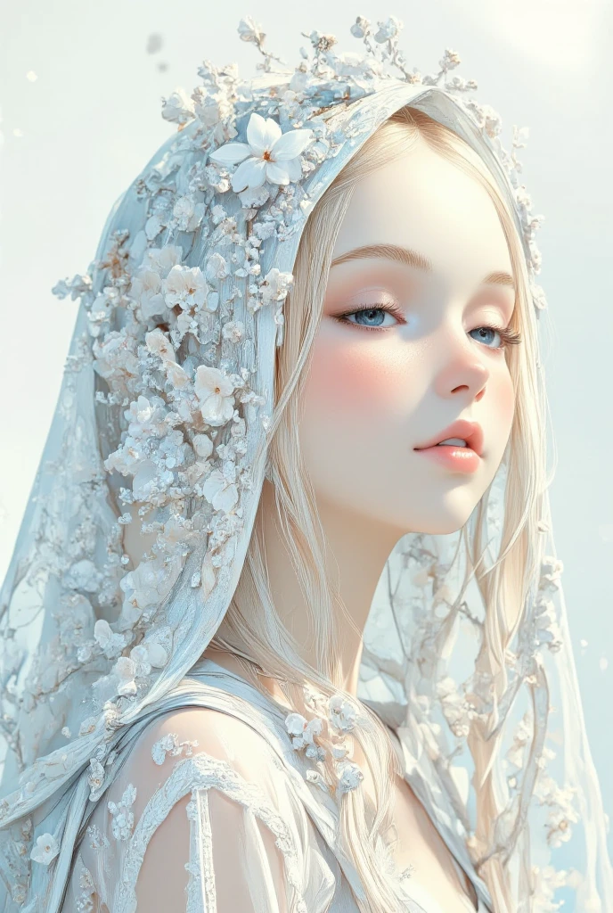 white style, portrait of nun in Porland, elegance and serenity, soft gradation, A surreal, ethereal portrait of a young nun embodying nature, bathed in soft, diffuse light, giving a dreamlike quality. She wears an elaborate, delicate hood of Religious organizations composed white flowers and fine floral details, some flowers in full bloom and others budding. Her eyes are closed, and her face is relaxed, exuding tranquility and a deep connection to the natural world. Her skin is pale, almost translucent, seamlessly blending with the cool, white-toned background. She wears a sheer dress intricately adorned with lace and embroidered floral patterns, creating a seamless, organic flow between her attire and her headpiece. Thin, curly tendrils fall from her head, resembling vines, adding to the surreal fusion with nature. The color palette is minimalistic, dominated by soft whites and light creams, enhancing the otherworldly, serene atmosphere.