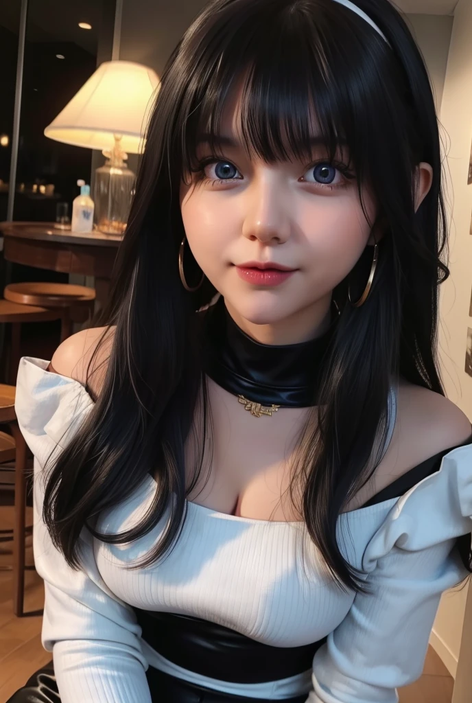 (masterpiece), (hyper-realistic), (detailed features), ((hyper realistic)), (Best quality, 8k, 32k, raw photo, real life, photorealistic, UHD:1.2), 1girl, solo, long hair, breasts, looking at viewer, blush, smile, bangs, large breasts, black hair, red eyes, long sleeves, holding, cleavage, bare shoulders, jewelry, closed mouth, sidelocks, thighs, cowboy shot, hairband, earrings, detached sleeves, food, blurry, leotard, groin, clothing cutout, covered navel, blurry background, highleg, thigh gap, cleavage cutout, candy, black leotard, short hair with long locks, highleg leotard, halloween, white hairband, basket, halloween costume, holding bag, holding basket, gold earrings, halloween bucket, yor briar, (hyper-realistic girl), (illustration), (high resolution), (extremely detailed), (best illustration), (beautiful detailed eyes), (best quality), (ultra-detailed), (masterpiece), (wallpaper), (photorealistic), (natural light), (rim lighting), (detailed face), (high detailed realistic skin face texture), (anatomically correct), (perfect hands), (correct fingers), (heterochromic eyes), (detailed eyes), (sparkling eyes), (dynamic pose), (loose hair:1.35), looking to viewers,Extremely Realistic,