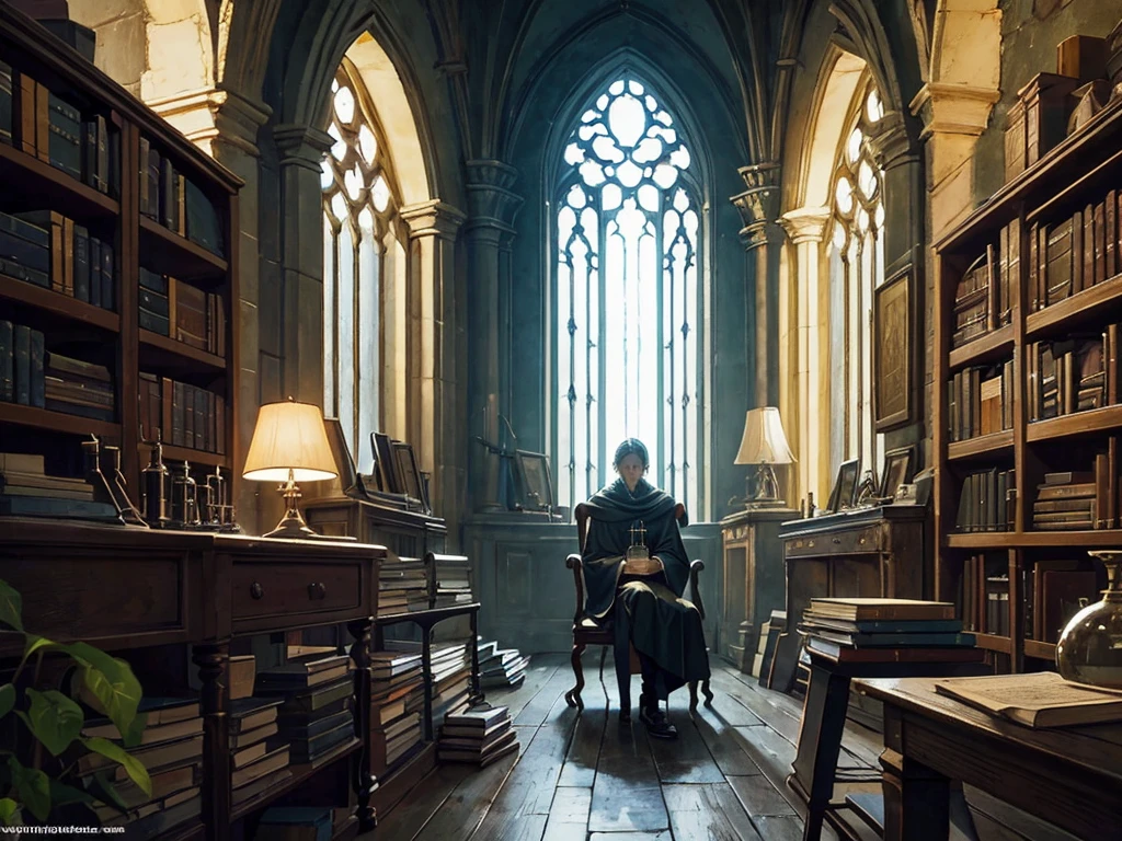 Inside a high, vaulted room with a Gothic design, Faust sits restlessly on a wooden chair, surrounded by towering shelves filled with books and laboratory equipment. The room is dimly lit, casting shadows across the stone walls. Faust appears lost in thought, with an intense, weary look on his face, reflecting his frustration and despair. Books on philosophy, science, medicine, law, and theology lie open around him, suggesting his extensive, yet unsatisfying search for knowledge. A faint light streams in from a small arched window above, barely illuminating the scene, emphasizing the room's mystique and his isolation. The atmosphere is somber, capturing Faust’s inner turmoil as he contemplates the limitations of human knowledge, feeling like a wise fool despite his titles and years of study. Painterly style, oil painting, brushstrokes, buttery feel, art, stylised