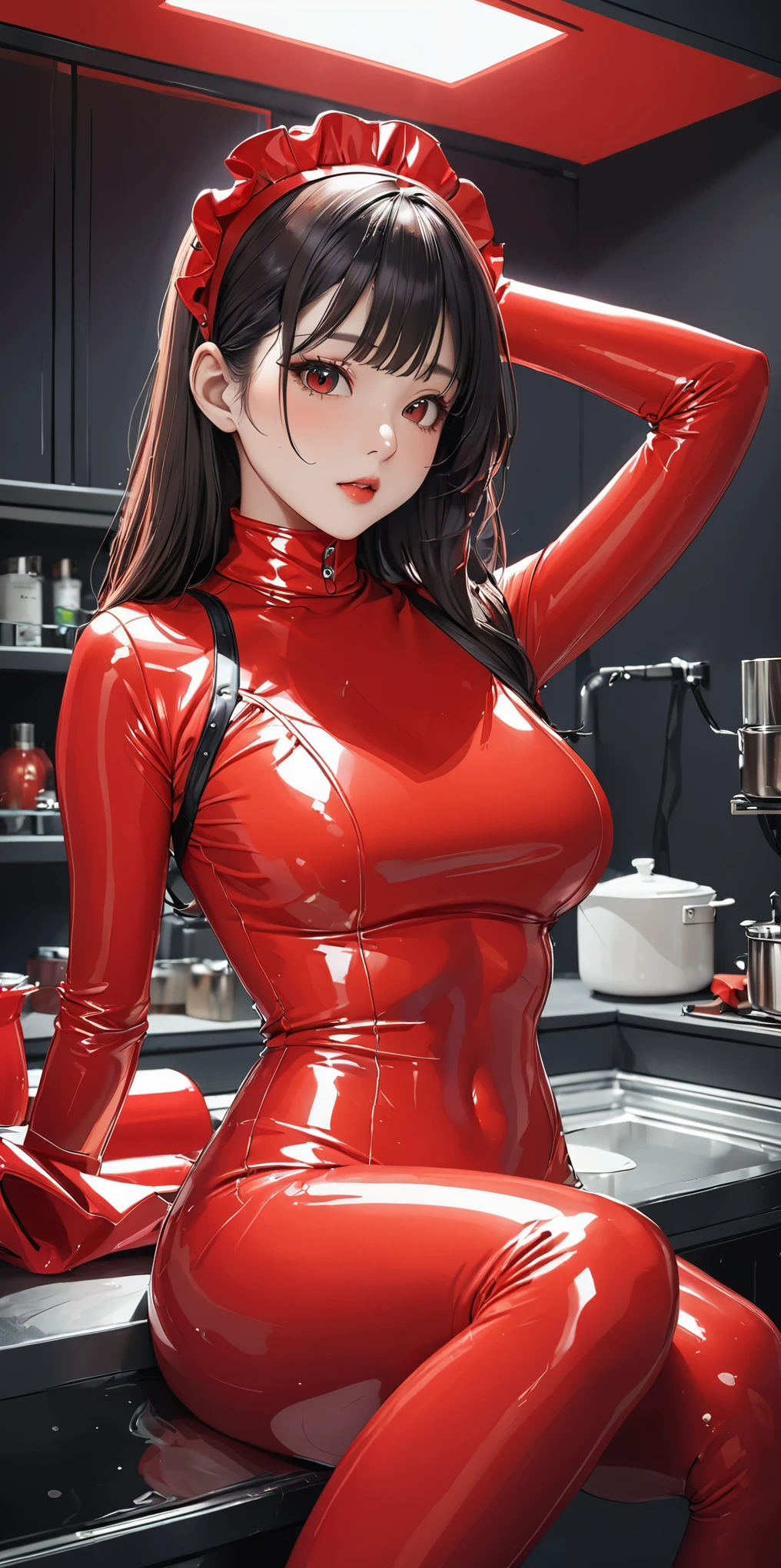 image、( masterpiece , highest quality, 超高分辨率 ),  Japanese Women  , ((( Very pretty 25-year-old girl ))),( bright red latex maid outfit )、(( bright red latex dress ))、( a bright red long sleeve latex shirt covers the upper body)、Bright red latex gloves、 bright red latex socks 、( bright red latex bodysuit )、frills、Clothes fit perfectly 、  bright red latex has a strong metallic luster .、darkroom、