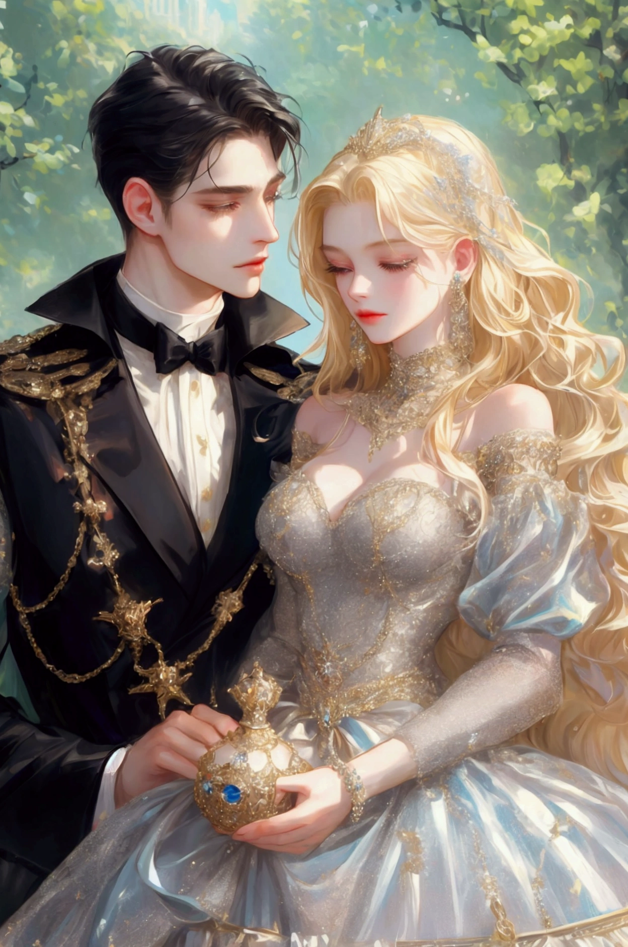 A blond 19 years old princess, she is expensively dressed with accesories, she is wearing a ball gown from the finest of materials with jewelries on it , she is with a  male duke with black hair