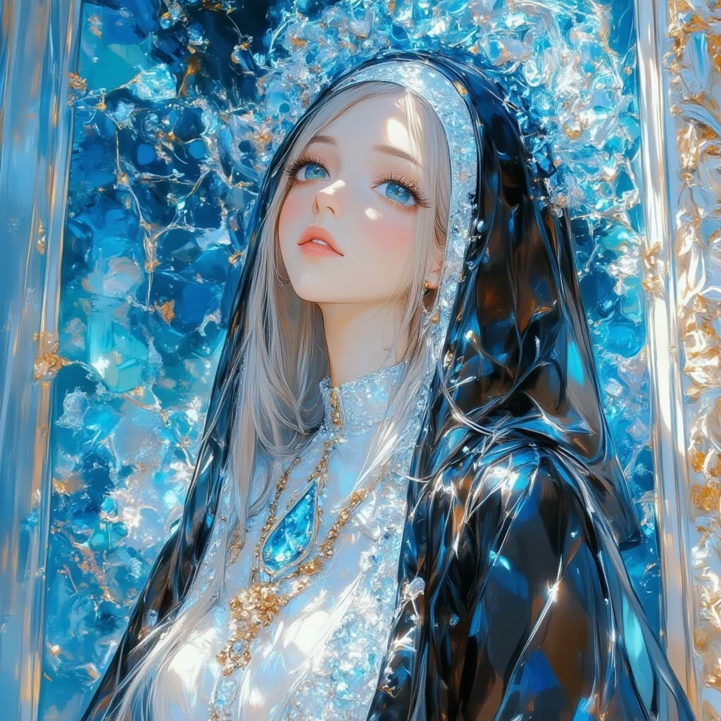 1girl, solo,she is nun in Europe, surrounded in magical glow, texture style6 texture influence image,glittering effects,soft color,beautiful gradation,background is texture style6 that is blue speckles, showcasing its luxurious and elegant design