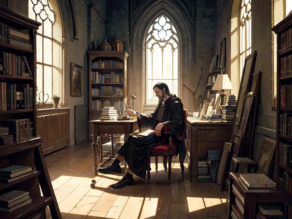 Inside a high, vaulted room with a Gothic design, Faust sits restlessly on a wooden chair, surrounded by towering shelves filled with books and laboratory equipment. The room is dimly lit, casting shadows across the stone walls. Faust appears lost in thought, with an intense, weary look on his face, reflecting his frustration and despair. Books on philosophy, science, medicine, law, and theology lie open around him, suggesting his extensive, yet unsatisfying search for knowledge. A faint light streams in from a small arched window above, barely illuminating the scene, emphasizing the room's mystique and his isolation. The atmosphere is somber, capturing Faust’s inner turmoil as he contemplates the limitations of human knowledge, feeling like a wise fool despite his titles and years of study. Painterly style, oil painting, brushstrokes, buttery feel, art, stylised