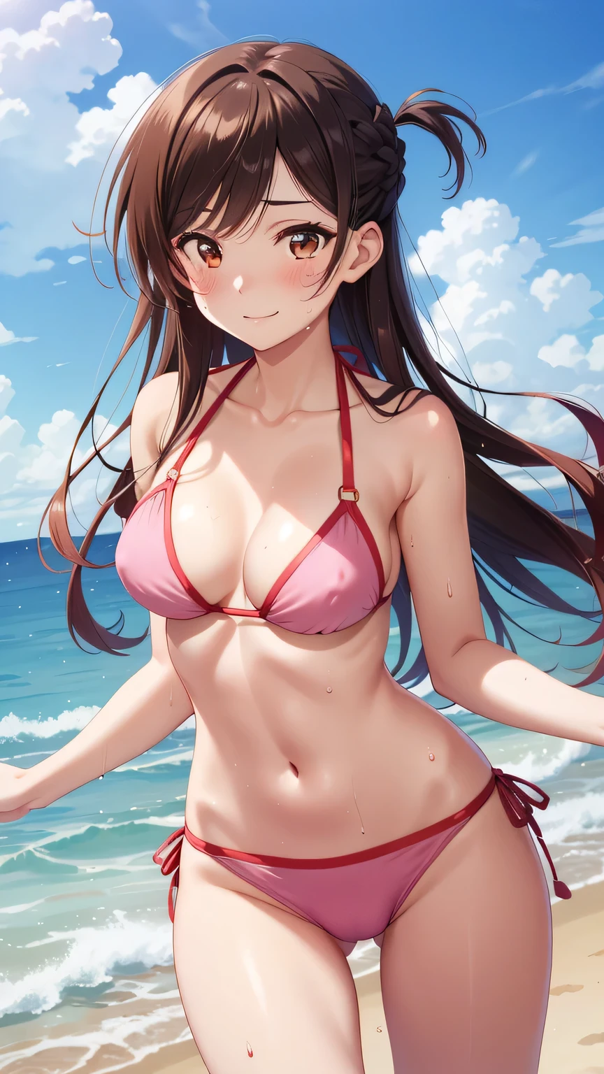 masterpiece, best quality, highres, chi1, 1girl, one_side_up, solo, bikini, navel, pink bikini, collarbone, side-tie bikini bottom, large breasts, bangs, cleavage,  beach, reaching out, smile, open mouth, wet, ocean,