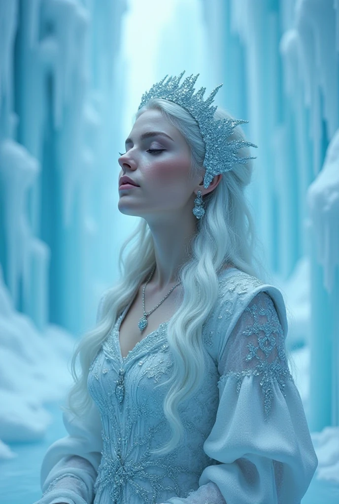 Illustration, A close-up cinematic shot of a female character dressed in an elaborate ice-themed costume against a frozen backdrop. The scene is bathed in cool tones of blue and white, creating an icy atmosphere. She wears a round headdress encrusted with glittering embellishments. Her expression is serene and contemplative, with her eyes slightly closed and her head tilted back as if looking upward. The background features large vertical ice formations, including icicles and icicle-like structures, which enhance the frozen environment. Soft, diffused lighting creates a gentle glow, highlighting the textures and details of the ice and costume.