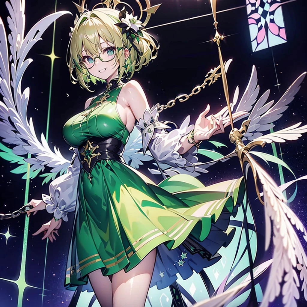  stand in front of green stained glass、Blonde、Strung silver chains 1 .3、black rimmed glasses 1.3、A big grin、long green battle dress、Height 160 centimeters