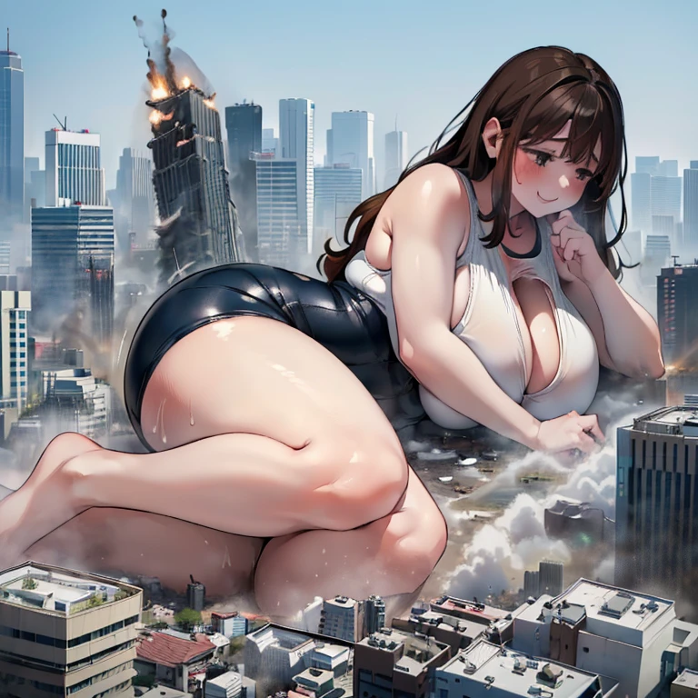  cute high school girl, View viewer , Brown Hair,Wavy hair with bangs (Big Breasts:1.2),  PERFECT BODY ,( plump body ),Sweaty body blush,  cleavage.body fluid、Heat、( school swimsuit:1.2),Full body image　Aerial photography、Destroying the city with a smile ( A giant girl bigger than a skyscraper destroys the city of Shibuya:1.5)、cute、Go wild 　(A giant girl destroys a big city、It looks like lying down and crushing the city:1.5) (A lot of rubble、Massacre:1.2) ( Lying on the ground with many skyscrapers as a base:1.2) (The background is the horizon :1.2)　(blue sky)（ The building in the foreground will fill the screen、Buildings in the distance will get smaller :1.2）