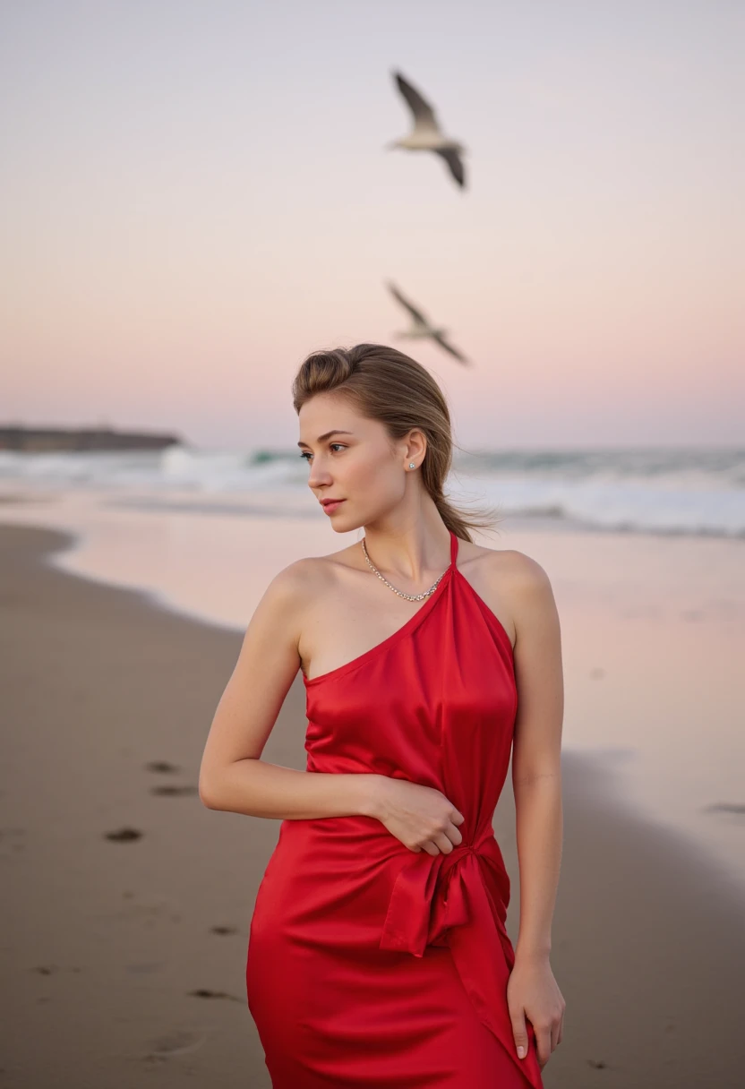 A serene dawn breaks over the sandy shore as Audrey Hepburn, radiant in a stunning 2020 red satin dress, poses with elegance. The hemline drapes elegantly around her legs as she stands poised against the soft pink horizon. A delicate necklace and matching earrings adorn her neck and ears, complementing her porcelain skin. Seagulls fly overhead, their gentle cries mingling with the sound of waves lapping at the shore.