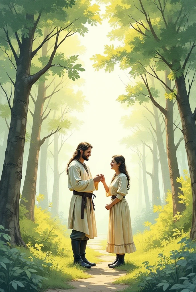 Illustration This watercolor painting depicts a man and woman standing in a lush forest surrounded by tall trees. The man, positioned slightly left of center, wears light traditional clothing consisting of a tunic with wide sleeves, a high collar and belt, as well as dark trousers and black boots. The woman to his right wears a sarafan, like a peasant woman. She is very beautiful and emotional, playful. They stand next to each other and flirt. In the background is dense vegetation, including various shades of green leaves and branches filtering the sunlight through the canopy, creating a dappled effect that illuminates the figures below. The lighting is soft and natural, casting soft shadows and enhancing the serene mood of the scene. The color palette includes bright greens, browns, whites and muted earth tones, contributing to the tranquil atmosphere.