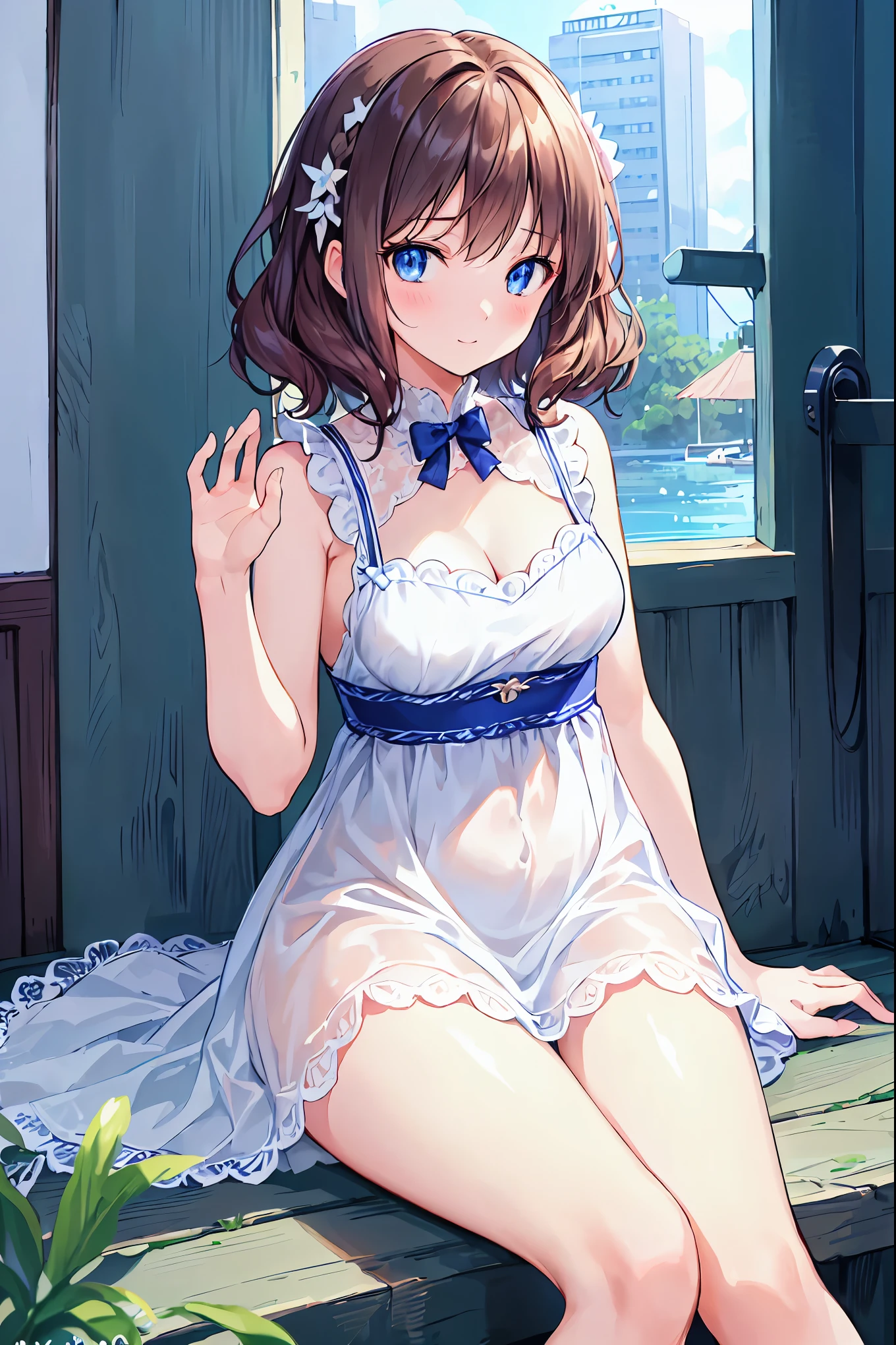  A very cute and beautiful girl is sitting near the window,(White summer dress), Sleeveless,High-quality lace, (very exquisite beautiful face and eyes),２０age，Brown Hair， shortcuts， unkempt hair， Short braided hair ，Slender beauty，Dignified posture，Clear，Small breasts， beautiful legs with tails，Beach,Wooden water cottage, (smile),,Brown Hair,curly hair, Her charming gray-blue eyes shine like stars ，(Best Quality,masterpiece:1.0), absurd, high resolution,Super detailed, very detailed,32K,8k resolution,  Intricate Details,Movie Scene, detailed biography ,Alone, Dynamic Angle, Natural Light,Particles of light,  a sky beautifully painted in every detail  ,Perfect hands,