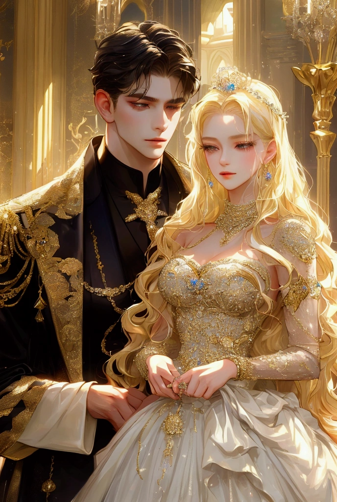 A blond 19 years old princess, she is expensively dressed with accesories, she is wearing a ball gown from the finest of materials with jewelries on it , she is with a  male duke with black hair, he is very handsome and hot, he as a mole under his eye, he is weating expensive clothes 