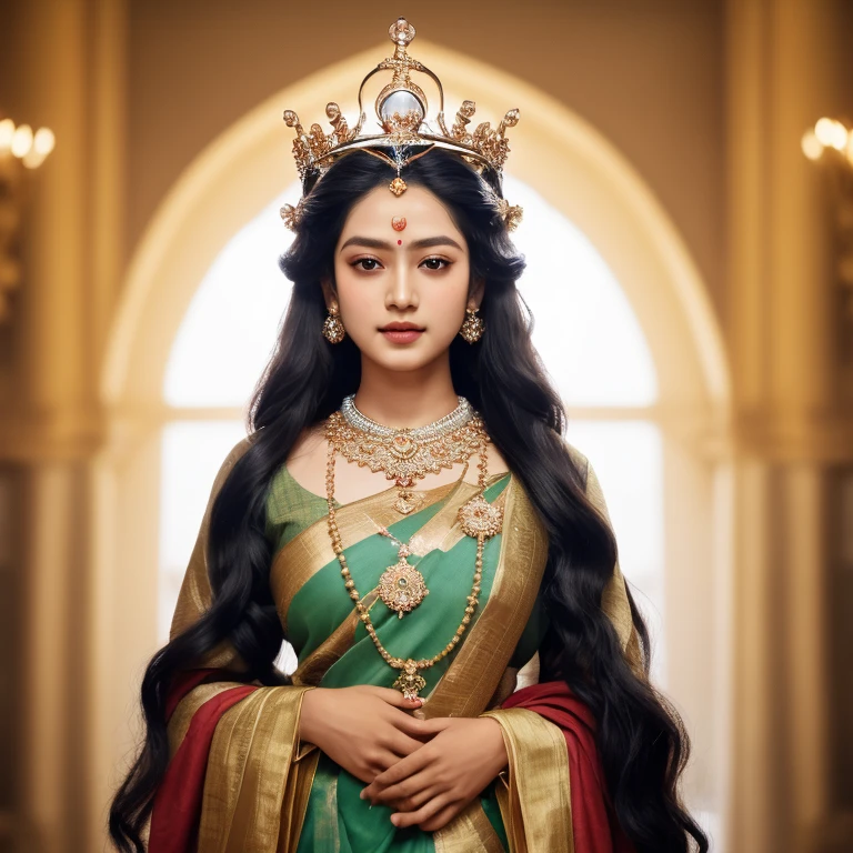 , a statue of Ratarani  ., wearing a garland and a beautiful and shining dress..ยืนอยู่ภายในวิหารcrown, There is a symbol on the forehead., Long hair, Long hairมาก, crown, Forehead Gem, 