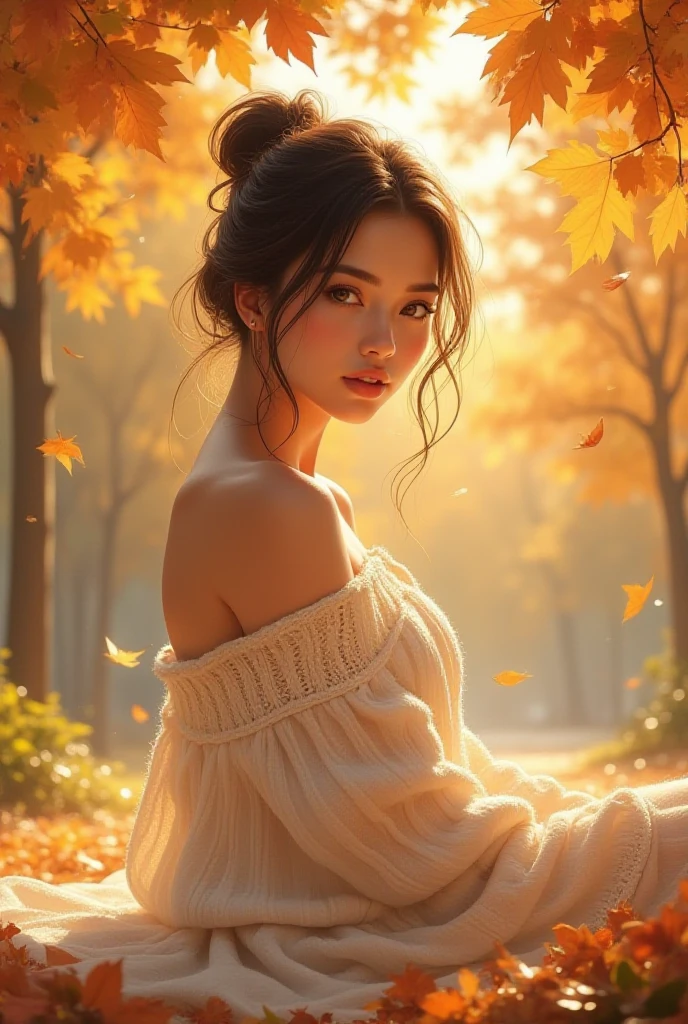 Illustration, Gentle beauty.(A very beautiful, super cute, super charming charming woman with an elegant hairstyle in a blue knitted dress is sitting under a leaf fall in the park.). the style of Victor Ngai, Gediminas Prancevicius, Alberto Seveso, Carne Griffiths, Andrew Atroshenko, James Jean, Pino Daeni. High detail, very beautiful graphics, the highest quality. Excellent lighting. Best quality, excellent lighting. 8k, UHD, complex, highly detailed, clear, dynamic light, Frame removed from the image, borders, black and white image, cloned face, heads, double faces, deformed legs, deformed arms, crooked fingers, long neck, extra limb