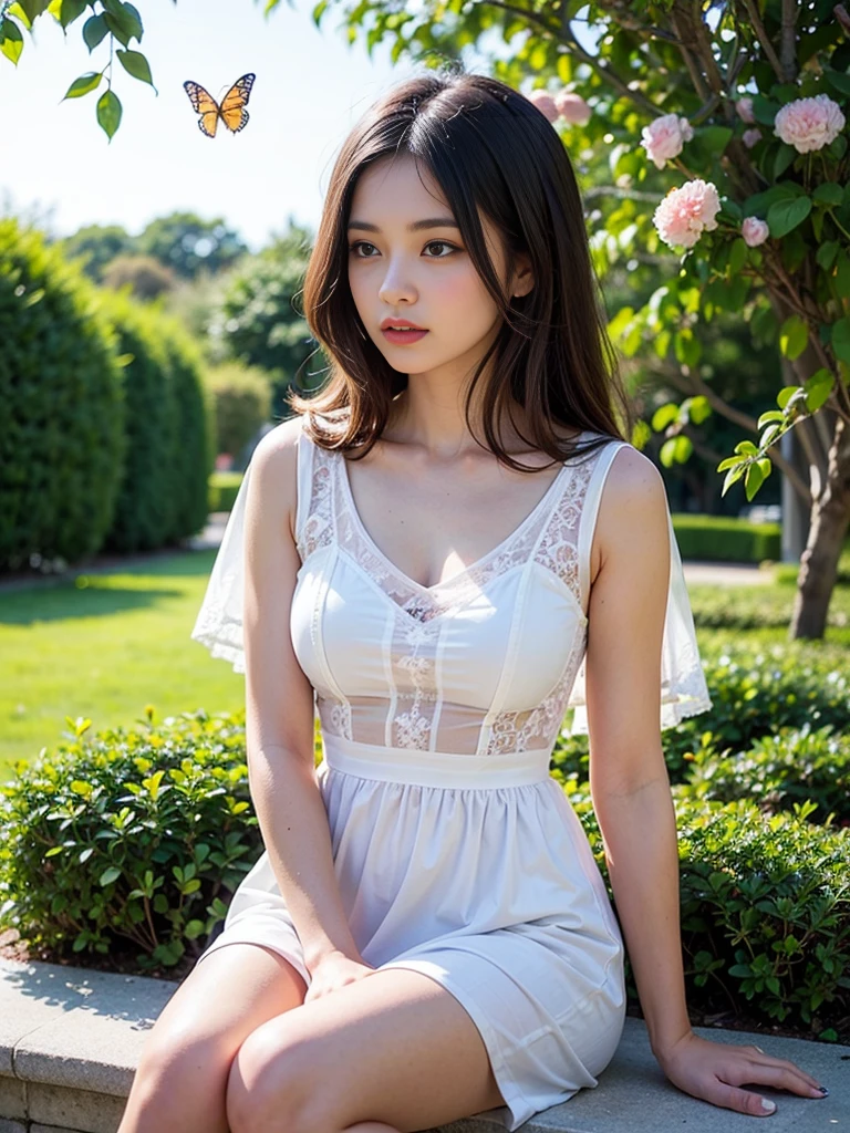 girl with sparkling eyes, beautiful detailed lips, long eyelashes, sitting in a colorful and vibrant garden, surrounded by blooming flowers and lush greenery, with the sunlight casting a warm and inviting glow. The girl is wearing a flowing summer dress, and her hair is gently tousled by the breeze. The garden is filled with butterflies fluttering around, adding a touch of whimsy to the scene. The artwork is created using a mix of watercolor and digital illustration techniques, giving it a dreamy and ethereal quality. The colors are vibrant and saturated, with a slight warm tone, creating a cheerful and lively atmosphere. The lighting is soft and diffused, adding depth and dimension to the girl and the garden. The overall image quality is of the highest standard, with ultra-detailed and realistic elements that make it resemble a masterpiece.