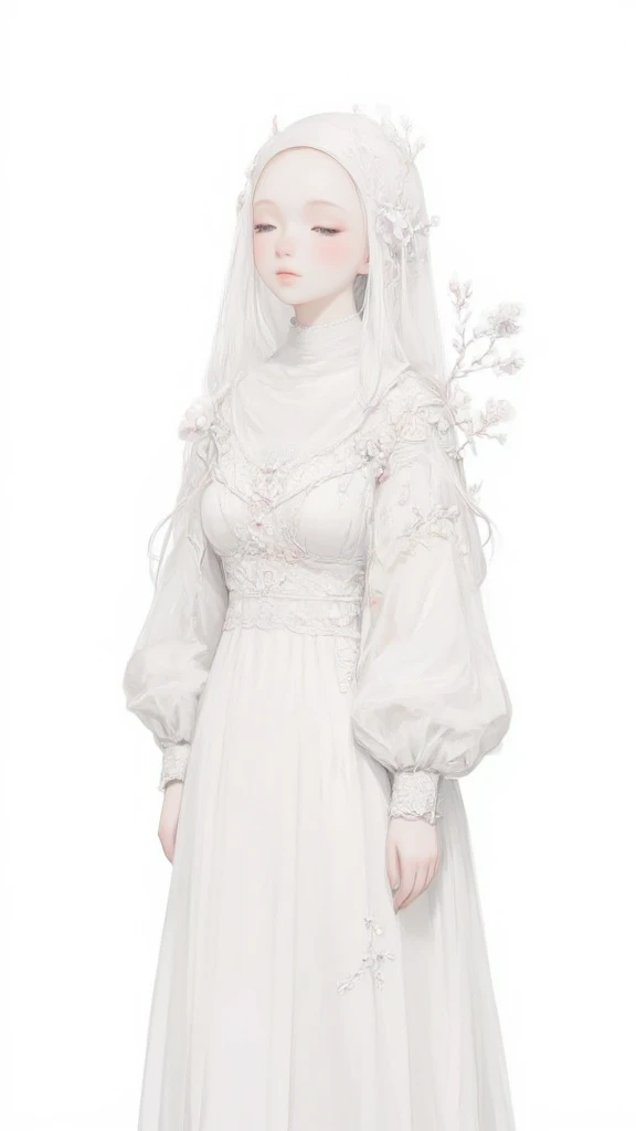 white style, full body of nun in Porland, elegance and serenity, soft gradation,full length, she wears nun robe,that reach floor, A surreal, ethereal portrait of a young nun embodying nature, bathed in soft, diffuse light, giving a dreamlike quality. She wears an elaborate, delicate hood of Religious organizations composed white flowers and fine floral details, some flowers in full bloom and others budding. Her eyes are closed, and her face is relaxed, exuding tranquility and a deep connection to the natural world. Her skin is pale, almost translucent, seamlessly blending with the cool, white-toned background. She wears a sheer dress intricately adorned with lace and embroidered floral patterns, creating a seamless, organic flow between her attire and her headpiece. Thin, curly tendrils fall from her head, resembling vines, adding to the surreal fusion with nature. The color palette is minimalistic, dominated by soft whites and light creams, enhancing the otherworldly, serene atmosphere.