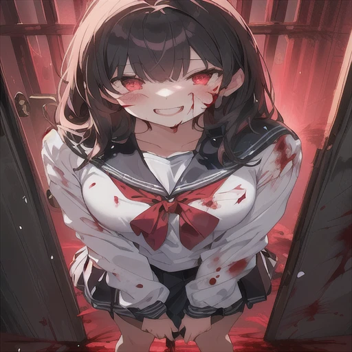 Anime girl with blood on her face standing in the doorway,  yandere, gapmoe  yandere,  yandere. Tall,  yandere intricate, gapmoe  yandere grimdark, Red glowing eyes,   anime Moe art style  ,  with shining red eyes, Anime visual of a cute girl, portrait gapmoe  yandere grimdark, Slasher Smile , Devil Anime Girl,  I'm opening my mouth wide:1.5, 