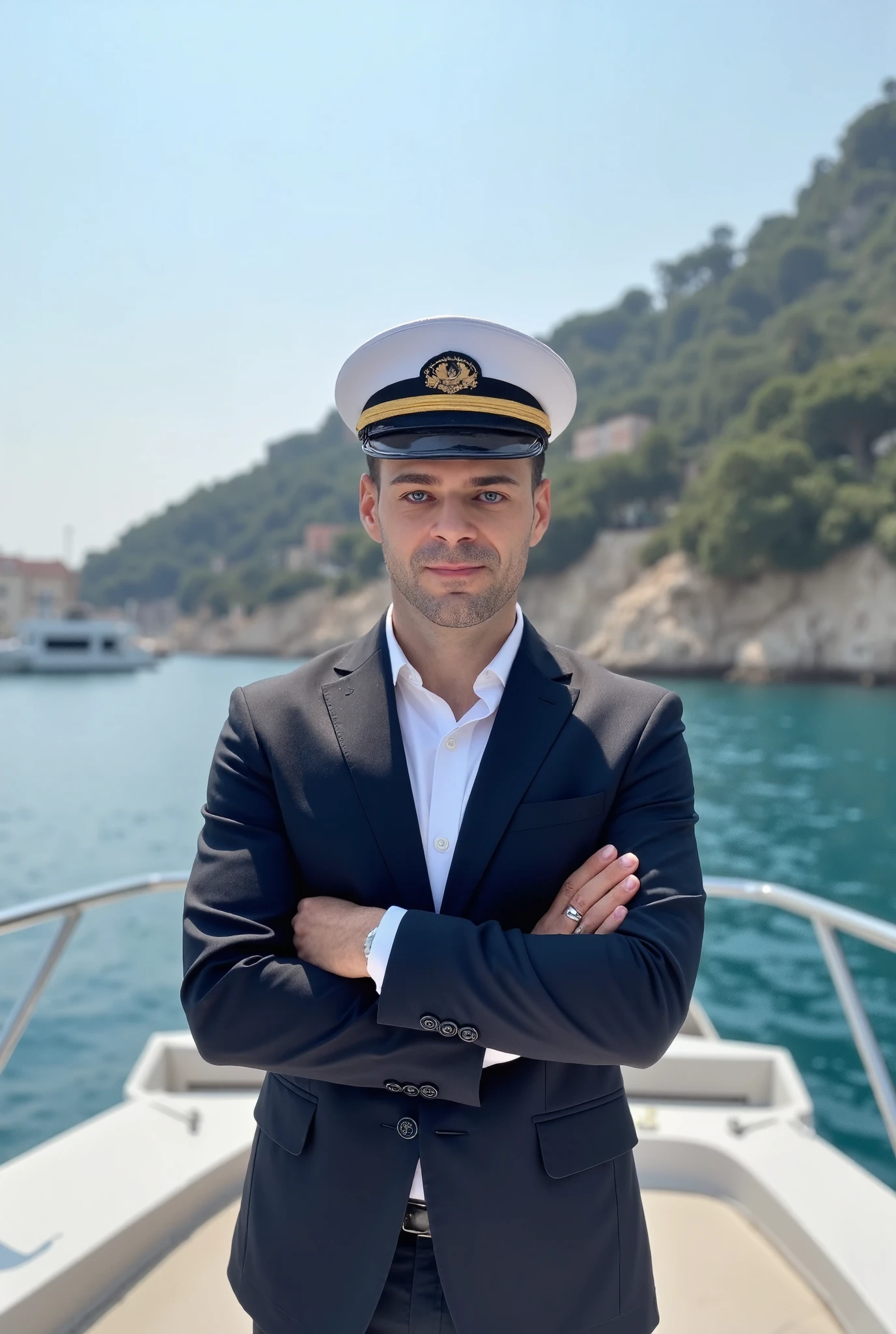 best quality, HDR, UHD, 8K, GM42 solo, captain's hat, front view, (photo_(medium)), (looking at viewer:1.2), (1 man:1.3), (yacht:1.4), (standing:1.5), bright light, business suit, age 28, on his private yacht in Monaco, sea background