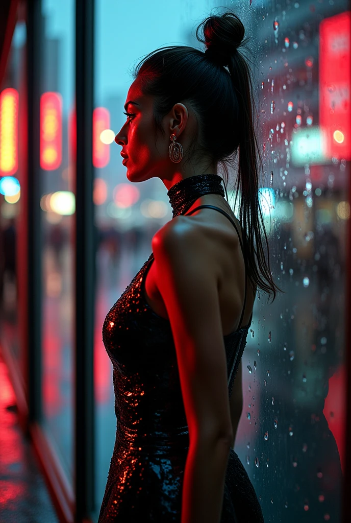 reflection through glass window,shadow,supermodel  in haute-couture fashion, glowing skin, intricate,photorealistic reflection on glass window of a stunning goddess walking in a provocative pose on a rain-soaked street, dramatic neon lights casting vibrant highlights on her wet skin and clothes, subtle water droplets on the mirror's surface adding depth