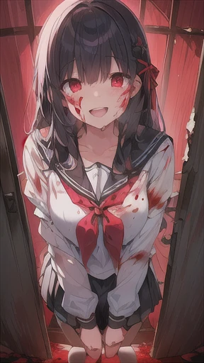 Anime girl with blood on her face standing in the doorway,  yandere, gapmoe  yandere,  yandere. Tall,  yandere intricate, gapmoe  yandere grimdark, Red glowing eyes,   anime Moe art style  ,  with shining red eyes, Anime visual of a cute girl, portrait gapmoe  yandere grimdark, Slasher Smile , Devil Anime Girl,  I'm opening my mouth wide:1.5, 