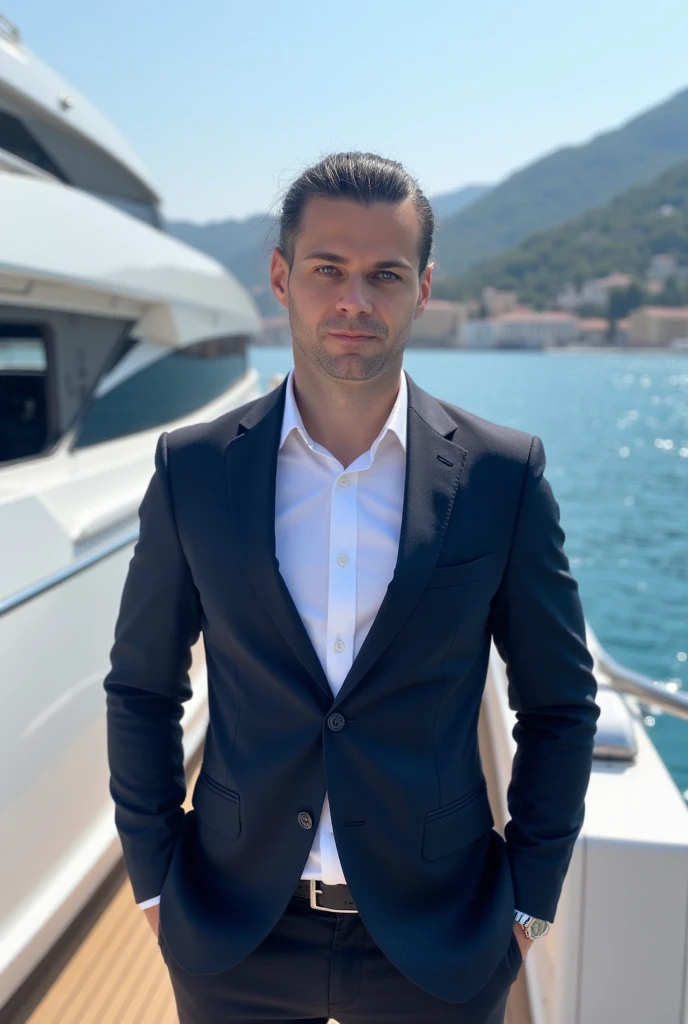 GM42 solo, captain's hat, front view, (looking at viewer:1.2), (1 man:1.3), (rich yacht:1.4), (standing:1.5), bright light, business suit, age 28, on his private yacht in Monaco, sea background, best quality, HDR, UHD, 8K