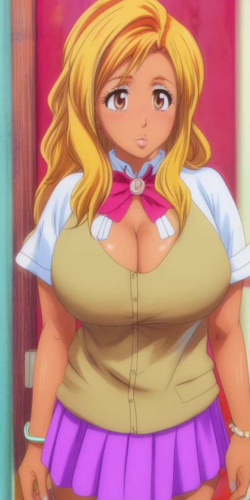 Orihime Inoue,Bleach artstyle,Big breast,Enchanted big breast,Tanned skin,Thick lips,Eyelash,heart shaped necklace,Circle piercing in lips,((((unbottoned White school shirt)))),Cleavage,(((short gray skirt)))Curvy figure,Plump,Hoopa bracelet,Long nail,Side burn visible,look at viewer,(((yellow blond color hair))),((head facing front)),High quality,Highres,Humongous big breast,Ear visible,Big cleavage,light blush,Stud earring,A lot of piercing,Omitted Side locks hair,Symetrical breast,((Chocker)),Heart shape earring,Hyper Detail,TANNED SKIN,Brown Skin,((tanned Gyaru)),Crossing arm,Blunt bang,Messy wavy hair,Detailed lips,Colorless lips,puckered lips