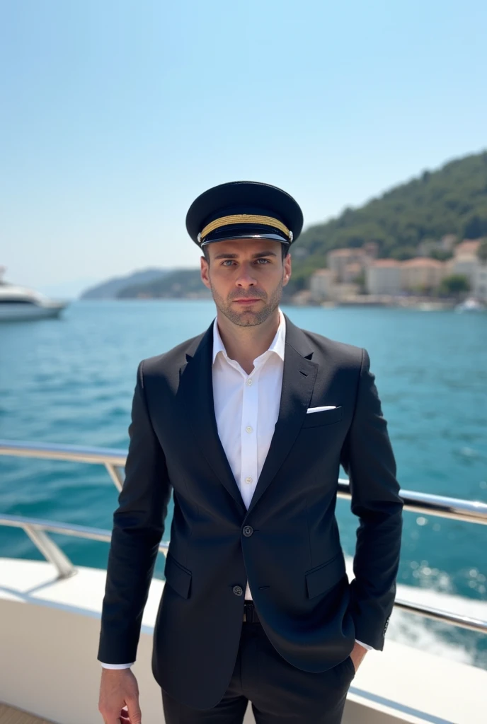 GM42 solo, captain's hat, front view, extremely thin and handsome selfie in millionaire yacht, (looking at viewer:1.2), (1 man:1.3), (rich yacht:1.4), (standing:1.5), bright light, business suit, age 28, on his private yacht in Monaco, sea background, best quality, HDR, UHD, 8K