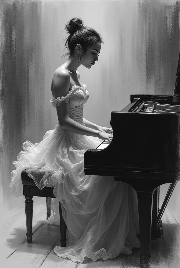 Illustration,super slender pianist in a satin fluffy long dress and a grand piano, side view-charcoal sketch