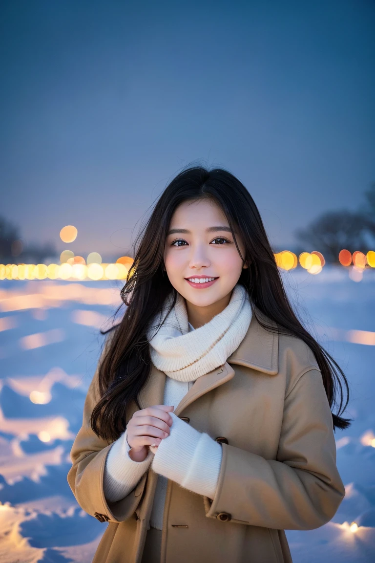 (Best Quality、masterpiece、8k、Highest quality、 ãããe ¼ ããã 、Award-winning works)、 1 girl、( Flawless light brown coat using thick melton fabric.:1.2)、Soft indirect lighting、Soft and delicate light、Spectacular Cinema Lighting、Romantic snowy night city、Romantic illuminations、Beautiful night view of a snowy city、(The most beautiful smile looks at me:1.1)、Fine sparkling snow、 Beautiful snow reflecting light 、 Diamond Dust 、( tyndall effect:1.1)、Beautiful snowy scenery、(that&#39; Snow Is Falling :1.1)、 Exact Anatomy 、( face with no sense of incongruity:1.3)、Beautiful Glossy lipstick, Natural colors、 natural makeup、Glossy lips、 ultra-high definition shiny skin 、ultra high definition radiation, Beautiful Skin、潤いのあるBeautiful Skin、Beautiful, glowing skin、超高精細のGlossy lips、  Ultra High Definition Sparkling Eyes  、(BEAUTIFUL PERFECT TEETH 、 ultra high resolution:1.1)、(Smile big showing your beautiful teeth:1.1)、(Perfect and beautiful teeth:1.1)