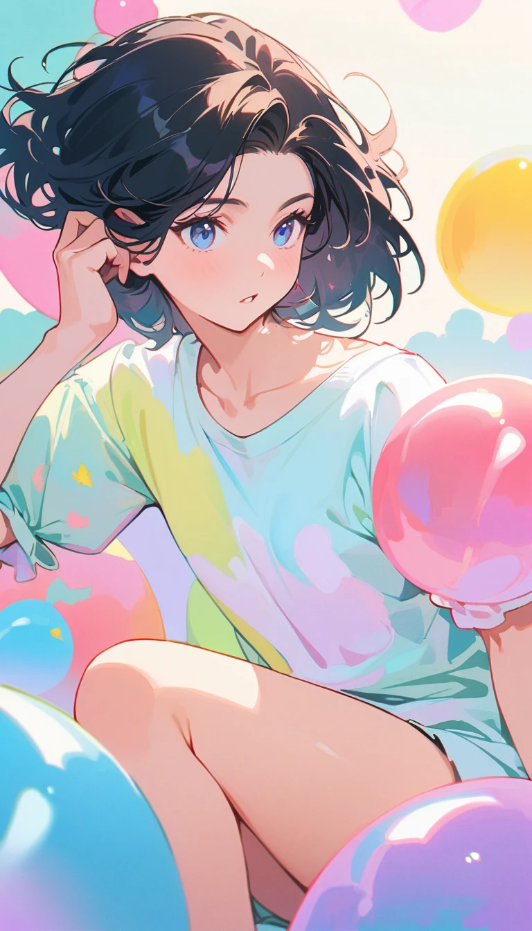  puffed sleeves , stunning, 8k,  debilitating ,  Very detailed , 2.5D, Beautiful goddess ,   soap bubbles  ,  Pastel clouds, sunshine, pop art, délicats et dynamiques,  Pastel color Fantasy , Black Hair, square cut, very young, small breasts, art officiel