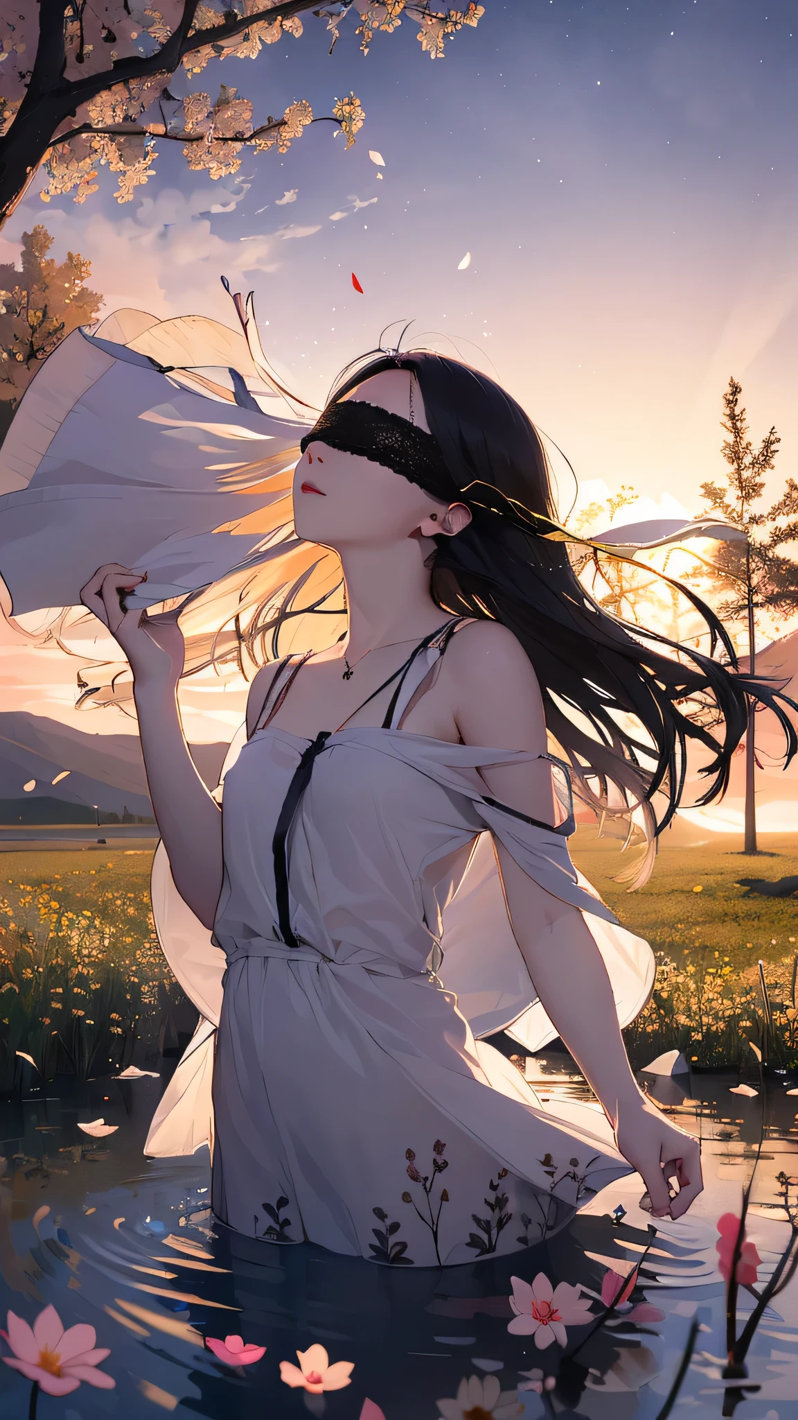 masterpiece,high quality,1girl,solo,long hair,black hair,(blindfold:1.1),jewelry,earrings,ray tracing,((breeze)),flying splashes,flying petals,wind,(water bloom),(delicate glow),
BREAK
(breeze),long Flowers meadow,((sunset)),(less stars form a circle),randomly distributed clouds,(rivers),(willows with branches falling into the water),