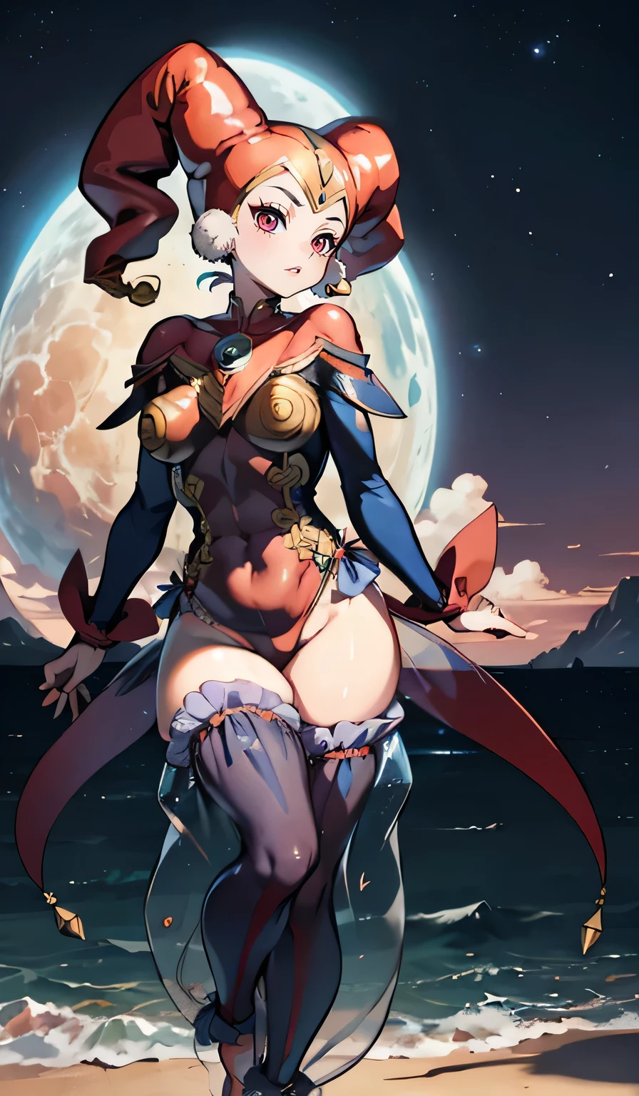 harle_\(chrono_cross\), facepaint, red_leotard, blue see-through harem_pants, jester_cap, pawg, thick thighs, thigh gap, plump thighs, shinny thighs, muscular thighs, beautiful thighs, sweaty thighs, sweatdrop thighs, oiled thighs, large hips, narrow waist, thick calves, long legs, sexy beautiful woman, full body shot, full body, toned body, curvy, muscular female, shredded abs, fitness, small breasts. Looking at viewer