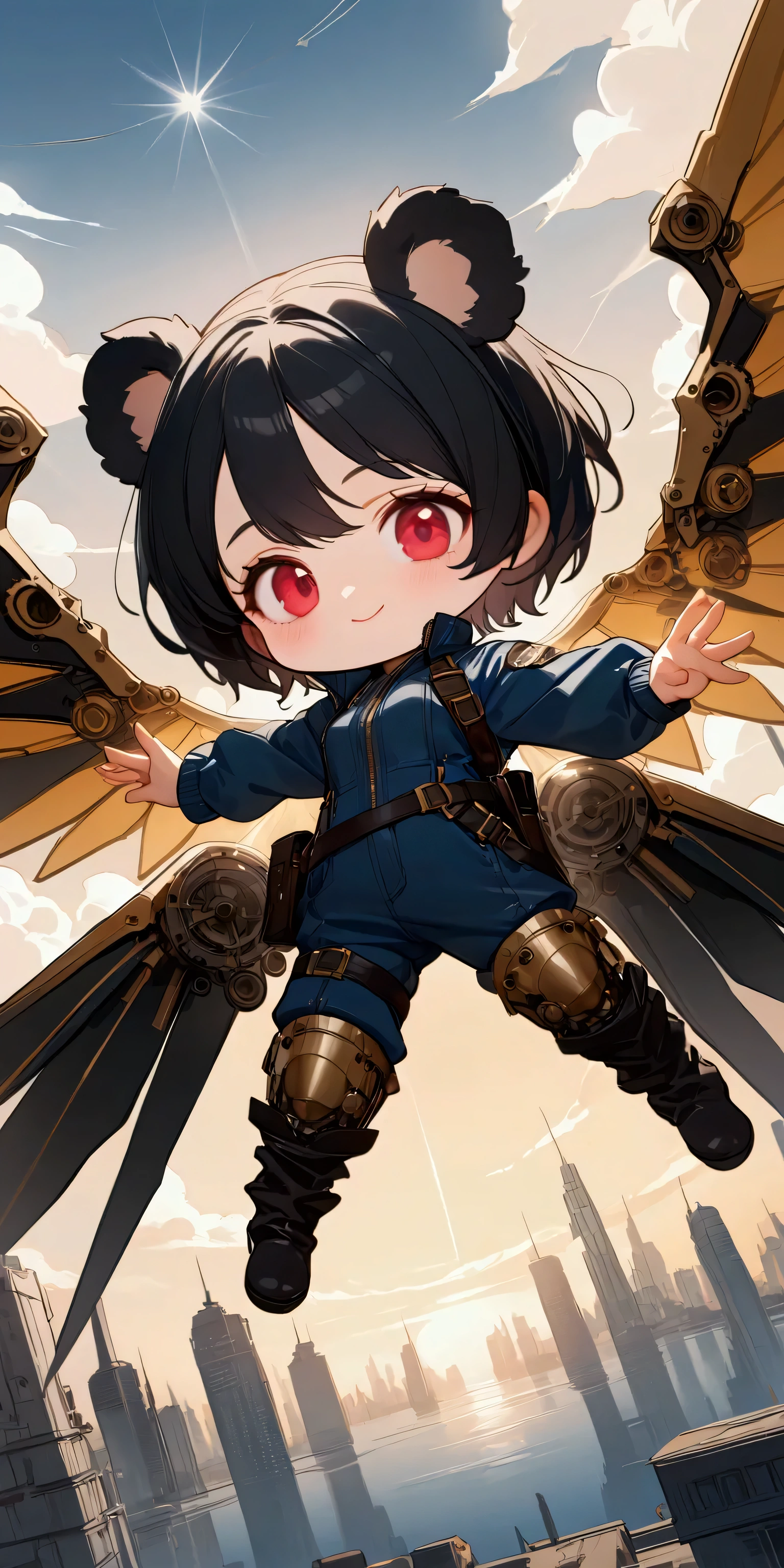 1girl\(big smile,cute,(chibi:1.4),big eyes,ruby eyes,(small Koala ears),hair\(short hair,black hair, inner colored blue\),(big wings\(clasical (steam-punk:1.2) mechanical wings\):1.2), (worn-out flight jacket:1.2), jumpsuit, leather short boots, holster at legs, dynamic pose,flying sky high\). dynamic angle,long shot. BREAK .background\(high altitude sky, futuristic aircrafts, futuristic towers,\). BREAK .quality\(8k,wallpaper of extremely detailed CG unit, high resolution, top-quality, top-quality real texture skin, hyper realistic, increase the resolution, RAW photos, best quality, highly detailed, the wallpaper, golden ratio, high saturation realism, vibrant colors, dramatic lighting, persuasive storytelling, atmospheric scenery, captivating visuals, intricate details, strong emotions, dreamlike world\)