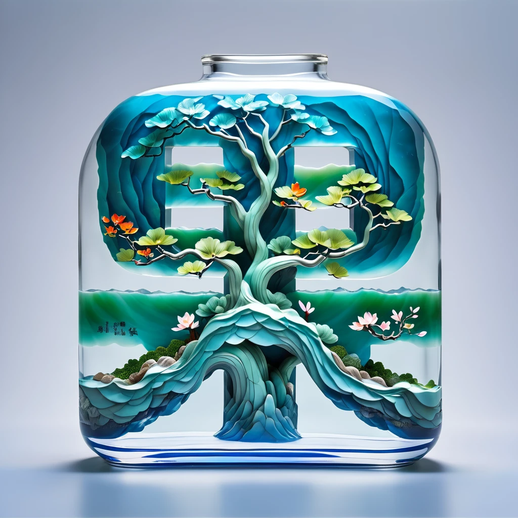 (Masterpiece, High Quality, Best Quality, Official Art, Aesthetic and Aesthetics:1.2),Carving,Product Photography,(Glass Bottle Surrounded by Jade Landscape:1.2),Ceramic Carved Glass Bottle,Transparent Water,Chinese 3D Landscape Painting Background,(Complex Carved Background),Chinese Song Dynasty Landscape Painting,Blue Theme,Surrealist Dream Style,Organic Fluids,Light Tracing,Colorful Flowers,Flower Foreground Occlusion,Natural Light,Jungle,c4d,OC rendering,