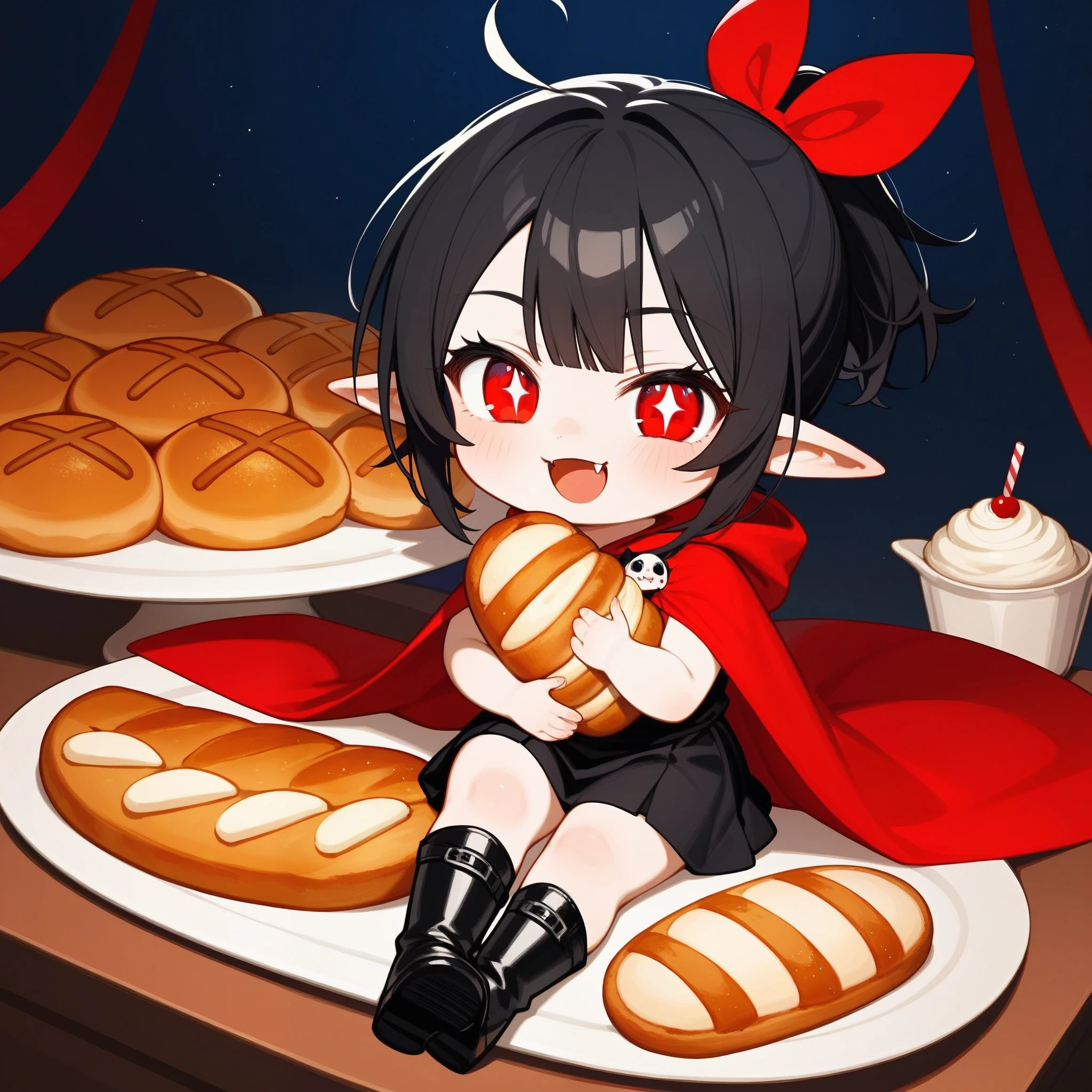 (masterpiece, best quality:1.2), super detailed, 2D artwork, chibi, kawaii, cute, 1girl, (vampire fang:1.2), smirk, black hair, short ponytail with red ribbons, red eyes, beautiful eyes, (snake pupils), pointy ears, black sundress with red cloak, high leather boots, standing pose, (hugging a long baguette:1.2), bakery background, indoor, at night, HD, 4K, negativeXL_D